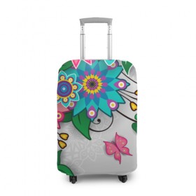 Чехол для чемодана 3D с принтом Розовая бабочка в Кировске, 86% полиэфир, 14% спандекс | двустороннее нанесение принта, прорези для ручек и колес | лепестки | листья | орнамент | сад | узор | цветочки | цветы. бабочка