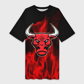 Платье-футболка 3D с принтом Angry bull в Кировске,  |  | 3d | angry bull | in fire | бык | в огне | дым | животные | мощь | огненный | огонь | пламя | пожар | сила | стихия