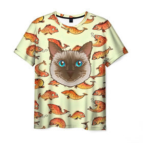 Мужская футболка 3D с принтом Котик в рыбках! в Кировске, 100% полиэфир | прямой крой, круглый вырез горловины, длина до линии бедер | животные | коты | котэ | котята | милые животные | прикольные | рыба | рыбки | цветные | яркие