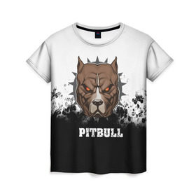 Женская футболка 3D с принтом Pitbull в Кировске, 100% полиэфир ( синтетическое хлопкоподобное полотно) | прямой крой, круглый вырез горловины, длина до линии бедер | 3d | dog | pitbull | абстракция | животные | краска | собака | черно белый