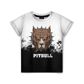 Детская футболка 3D с принтом Pitbull в Кировске, 100% гипоаллергенный полиэфир | прямой крой, круглый вырез горловины, длина до линии бедер, чуть спущенное плечо, ткань немного тянется | Тематика изображения на принте: 3d | dog | pitbull | абстракция | животные | краска | собака | черно белый