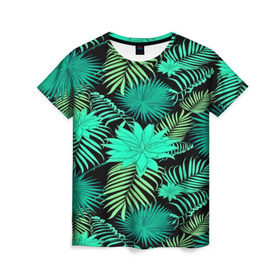 Женская футболка 3D с принтом Tropical pattern в Кировске, 100% полиэфир ( синтетическое хлопкоподобное полотно) | прямой крой, круглый вырез горловины, длина до линии бедер | 3d | арт | лето | листья | пальмы | текстура | узор | цветы