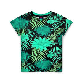 Детская футболка 3D с принтом Tropical pattern в Кировске, 100% гипоаллергенный полиэфир | прямой крой, круглый вырез горловины, длина до линии бедер, чуть спущенное плечо, ткань немного тянется | Тематика изображения на принте: 3d | арт | лето | листья | пальмы | текстура | узор | цветы