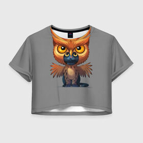 Женская футболка 3D укороченная с принтом Совокот в Кировске, 100% полиэстер | круглая горловина, длина футболки до линии талии, рукава с отворотами | cat | craft the world | owl | кот | кошка | птица | сова
