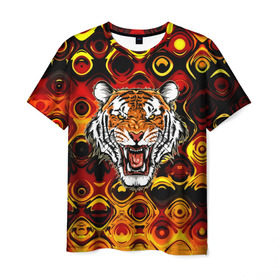 Мужская футболка 3D с принтом Тигр в Кировске, 100% полиэфир | прямой крой, круглый вырез горловины, длина до линии бедер | 3d | abstraction | tiger | абстракция | голова животного | клыки | котята | кошки | крик | полосатый | тигр