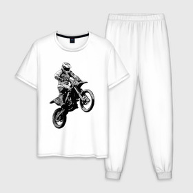 Мужская пижама хлопок с принтом Мотокросс в Кировске, 100% хлопок | брюки и футболка прямого кроя, без карманов, на брюках мягкая резинка на поясе и по низу штанин
 | 3d | арт | байк | краска | мотокросс | мотоцикл | прикольные | цветные