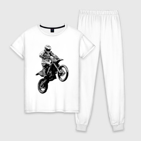 Женская пижама хлопок с принтом Мотокросс в Кировске, 100% хлопок | брюки и футболка прямого кроя, без карманов, на брюках мягкая резинка на поясе и по низу штанин | 3d | арт | байк | краска | мотокросс | мотоцикл | прикольные | цветные