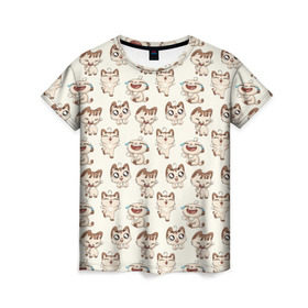 Женская футболка 3D с принтом Стикеры котик в Кировске, 100% полиэфир ( синтетическое хлопкоподобное полотно) | прямой крой, круглый вырез горловины, длина до линии бедер | vk | вк | вконтакте | кот | котик | стикеры