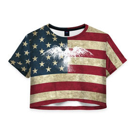 Женская футболка 3D укороченная с принтом Флаг США с белым орлом в Кировске, 100% полиэстер | круглая горловина, длина футболки до линии талии, рукава с отворотами | usa | америка | американец | америки | звездно полосатый | необычный | нью йорк | орел | соединенные | сша | флаг | штаты | янки