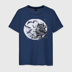 Мужская футболка хлопок с принтом Сова ниндзя в Кировске, 100% хлопок | прямой крой, круглый вырез горловины, длина до линии бедер, слегка спущенное плечо. | ninja | owl | летучие мыши | луна | ночь | сюрикен | филин