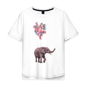 Мужская футболка хлопок Oversize с принтом Слоник-подарок в Кировске, 100% хлопок | свободный крой, круглый ворот, “спинка” длиннее передней части | акварель | воздушные шары | легкость | подарок | слон | слоник | шарики | шары