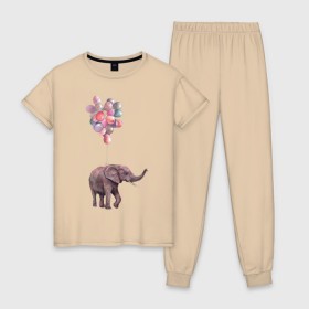 Женская пижама хлопок с принтом Слоник-подарок в Кировске, 100% хлопок | брюки и футболка прямого кроя, без карманов, на брюках мягкая резинка на поясе и по низу штанин | акварель | воздушные шары | легкость | подарок | слон | слоник | шарики | шары