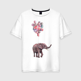 Женская футболка хлопок Oversize с принтом Слоник-подарок в Кировске, 100% хлопок | свободный крой, круглый ворот, спущенный рукав, длина до линии бедер
 | акварель | воздушные шары | легкость | подарок | слон | слоник | шарики | шары