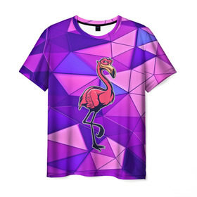 Мужская футболка 3D с принтом Фламинго в Кировске, 100% полиэфир | прямой крой, круглый вырез горловины, длина до линии бедер | bird | flyer | fowl | poultry | seabird | triangle | абстракция | животные | птицы | текстуры | тренд | треугольники | фламинго