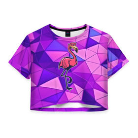 Женская футболка 3D укороченная с принтом Фламинго в Кировске, 100% полиэстер | круглая горловина, длина футболки до линии талии, рукава с отворотами | bird | flyer | fowl | poultry | seabird | triangle | абстракция | животные | птицы | текстуры | тренд | треугольники | фламинго