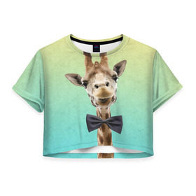 Женская футболка 3D укороченная с принтом Жираф и бабочка в Кировске, 100% полиэстер | круглая горловина, длина футболки до линии талии, рукава с отворотами | жираф