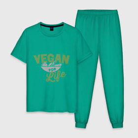 Мужская пижама хлопок с принтом Vegan for Life в Кировске, 100% хлопок | брюки и футболка прямого кроя, без карманов, на брюках мягкая резинка на поясе и по низу штанин
 | Тематика изображения на принте: green | vegan | yoga | веган | вегетарианец | вегетарианство | витамины | здоровье | зеленый | зож | йога | овощи | фрукты