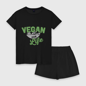 Женская пижама с шортиками хлопок с принтом Vegan for Life в Кировске, 100% хлопок | футболка прямого кроя, шорты свободные с широкой мягкой резинкой | Тематика изображения на принте: green | vegan | yoga | веган | вегетарианец | вегетарианство | витамины | здоровье | зеленый | зож | йога | овощи | фрукты