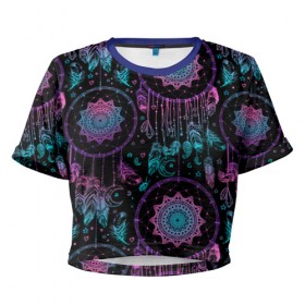 Женская футболка 3D укороченная с принтом Ловцы снов в Кировске, 100% полиэстер | круглая горловина, длина футболки до линии талии, рукава с отворотами | геометрия | звезды | индия | космос | перья | птица | узоры