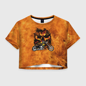 Женская футболка 3D укороченная с принтом Череп в огне, байк в Кировске, 100% полиэстер | круглая горловина, длина футболки до линии талии, рукава с отворотами | байкер | мотоцикл | огонь | череп