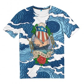 Мужская футболка 3D с принтом U.S.Navy в Кировске, 100% полиэфир | прямой крой, круглый вырез горловины, длина до линии бедер | 3d | blue | брызги | вмф | вода | военный | волны | исторический | капли | корабль | лето | море | моряк | океан | природа | фрегат | шторм