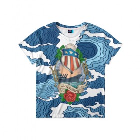 Детская футболка 3D с принтом U.S.Navy в Кировске, 100% гипоаллергенный полиэфир | прямой крой, круглый вырез горловины, длина до линии бедер, чуть спущенное плечо, ткань немного тянется | 3d | blue | брызги | вмф | вода | военный | волны | исторический | капли | корабль | лето | море | моряк | океан | природа | фрегат | шторм