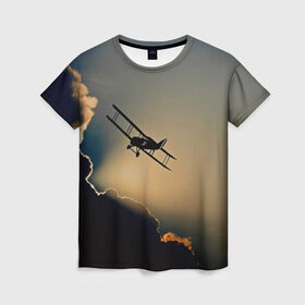 Женская футболка 3D с принтом Покоритель небес в Кировске, 100% полиэфир ( синтетическое хлопкоподобное полотно) | прямой крой, круглый вырез горловины, длина до линии бедер | закат | кукурузник | небо | облака | самолёт | силуэт