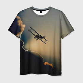 Мужская футболка 3D с принтом Покоритель небес в Кировске, 100% полиэфир | прямой крой, круглый вырез горловины, длина до линии бедер | закат | кукурузник | небо | облака | самолёт | силуэт