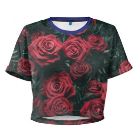 Женская футболка 3D укороченная с принтом Бархатные розы в Кировске, 100% полиэстер | круглая горловина, длина футболки до линии талии, рукава с отворотами | бархат | бутоны | роза | розы | цветы