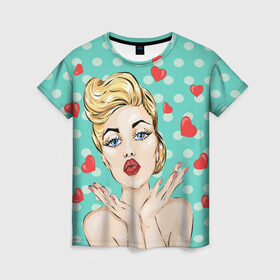 Женская футболка 3D с принтом Pop Art в Кировске, 100% полиэфир ( синтетическое хлопкоподобное полотно) | прямой крой, круглый вырез горловины, длина до линии бедер | горошек | губы | девушка | кружочки | поп арт | поцелуй | сердечки | текстура
