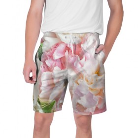 Мужские шорты 3D с принтом Пион в Кировске,  полиэстер 100% | прямой крой, два кармана без застежек по бокам. Мягкая трикотажная резинка на поясе, внутри которой широкие завязки. Длина чуть выше колен | лето | нежность | цветы