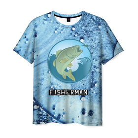 Мужская футболка 3D с принтом FisherMan в Кировске, 100% полиэфир | прямой крой, круглый вырез горловины, длина до линии бедер | baitbest | bottom | driftwood | fisherman | fishing | fishwaterhook | pike | river | вода | дно | коряга | крючок | лучший рыбак | наживка | река | рыба | рыбалка | щука