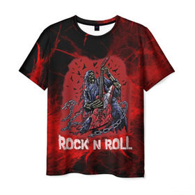 Мужская футболка 3D с принтом Мертвый гитарист в Кировске, 100% полиэфир | прямой крой, круглый вырез горловины, длина до линии бедер | rock | ворон | гитара | гитарист | жанр | космос | красный | мертвец | металл | музыка | надпись | панк | песня | птицы | рок | рок н рол | скелет | стиль | хард | хой | цепи | череп | я люблю рок