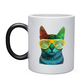Кружка хамелеон с принтом Кот в очках в Кировске, керамика | меняет цвет при нагревании, емкость 330 мл | Тематика изображения на принте: cat | kitty | space | животные | космос | кот | котенок | кошка | очки | радуга | цвет