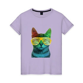 Женская футболка хлопок с принтом Кот в очках в Кировске, 100% хлопок | прямой крой, круглый вырез горловины, длина до линии бедер, слегка спущенное плечо | cat | kitty | space | животные | космос | кот | котенок | кошка | очки | радуга | цвет