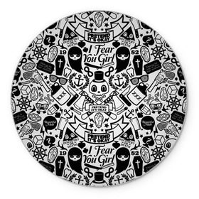 Коврик круглый с принтом Tokyo Tattoo Sticker Bomb в Кировске, резина и полиэстер | круглая форма, изображение наносится на всю лицевую часть | casual | design | pattern | ray ban | skull | street | texture | urban | дизайн | индеец | мода | очки | повтор | принт | стикербомб | стикеры | тату | текстура | узор | улица | хулиган | череп | шляпа