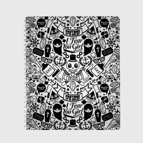 Тетрадь с принтом Tokyo Tattoo Sticker Bomb в Кировске, 100% бумага | 48 листов, плотность листов — 60 г/м2, плотность картонной обложки — 250 г/м2. Листы скреплены сбоку удобной пружинной спиралью. Уголки страниц и обложки скругленные. Цвет линий — светло-серый
 | casual | design | pattern | ray ban | skull | street | texture | urban | дизайн | индеец | мода | очки | повтор | принт | стикербомб | стикеры | тату | текстура | узор | улица | хулиган | череп | шляпа
