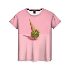 Женская футболка 3D с принтом Ванильный Кактус в Кировске, 100% полиэфир ( синтетическое хлопкоподобное полотно) | прямой крой, круглый вырез горловины, длина до линии бедер | вафля | вкусняшка | еда | жара | иголки | кактусы | картина | лед | лето | мимими | мороженка | мороженое | необычный | пломбир | растение | рожок | розовый | сладкое | сюрреализм | тень | эскимо