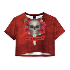 Женская футболка 3D укороченная с принтом Gans N Roses в Кировске, 100% полиэстер | круглая горловина, длина футболки до линии талии, рукава с отворотами | gans n roses | группа | исполнители | меч | музыка | песни | розы | рок группа | череп