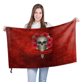 Флаг 3D с принтом Gans N Roses в Кировске, 100% полиэстер | плотность ткани — 95 г/м2, размер — 67 х 109 см. Принт наносится с одной стороны | gans n roses | группа | исполнители | меч | музыка | песни | розы | рок группа | череп