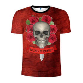 Мужская футболка 3D спортивная с принтом Gans N Roses в Кировске, 100% полиэстер с улучшенными характеристиками | приталенный силуэт, круглая горловина, широкие плечи, сужается к линии бедра | gans n roses | группа | исполнители | меч | музыка | песни | розы | рок группа | череп