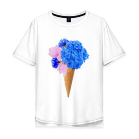 Мужская футболка хлопок Oversize с принтом Мороженое букет в Кировске, 100% хлопок | свободный крой, круглый ворот, “спинка” длиннее передней части | flowers | василек | вафля | гортензия | магнолия | рожок | розовый | синий | цветы