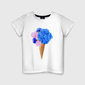 Детская футболка хлопок с принтом Мороженое букет в Кировске, 100% хлопок | круглый вырез горловины, полуприлегающий силуэт, длина до линии бедер | Тематика изображения на принте: flowers | василек | вафля | гортензия | магнолия | рожок | розовый | синий | цветы