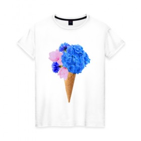 Женская футболка хлопок с принтом Мороженое букет в Кировске, 100% хлопок | прямой крой, круглый вырез горловины, длина до линии бедер, слегка спущенное плечо | flowers | василек | вафля | гортензия | магнолия | рожок | розовый | синий | цветы