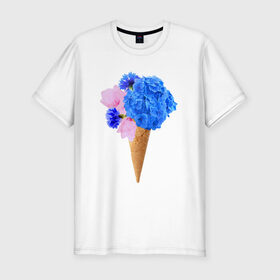 Мужская футболка премиум с принтом Мороженое букет в Кировске, 92% хлопок, 8% лайкра | приталенный силуэт, круглый вырез ворота, длина до линии бедра, короткий рукав | Тематика изображения на принте: flowers | василек | вафля | гортензия | магнолия | рожок | розовый | синий | цветы