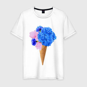 Мужская футболка хлопок с принтом Мороженое букет в Кировске, 100% хлопок | прямой крой, круглый вырез горловины, длина до линии бедер, слегка спущенное плечо. | flowers | василек | вафля | гортензия | магнолия | рожок | розовый | синий | цветы