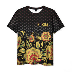 Мужская футболка 3D с принтом Россия в Кировске, 100% полиэфир | прямой крой, круглый вырез горловины, длина до линии бедер | Тематика изображения на принте: роспись | россия | хохлома | цветы | я русский