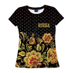 Женская футболка 3D с принтом Россия в Кировске, 100% полиэфир ( синтетическое хлопкоподобное полотно) | прямой крой, круглый вырез горловины, длина до линии бедер | роспись | россия | хохлома | цветы | я русский
