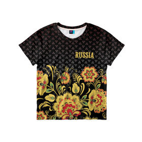 Детская футболка 3D с принтом Россия в Кировске, 100% гипоаллергенный полиэфир | прямой крой, круглый вырез горловины, длина до линии бедер, чуть спущенное плечо, ткань немного тянется | роспись | россия | хохлома | цветы | я русский
