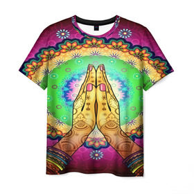 Мужская футболка 3D с принтом Meditation в Кировске, 100% полиэфир | прямой крой, круглый вырез горловины, длина до линии бедер | Тематика изображения на принте: 3d | indian | mandala | арт | йога | медитация | руки | узор | цветы